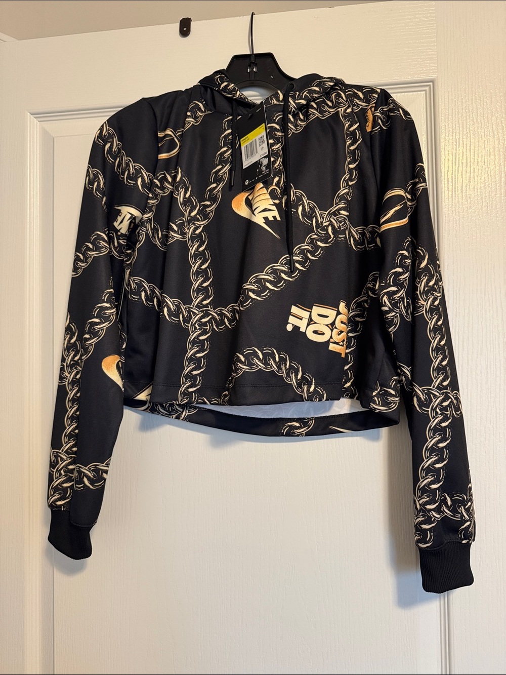 Nike Black Cropped Hoodie with Gold Chain and Swoosh Print